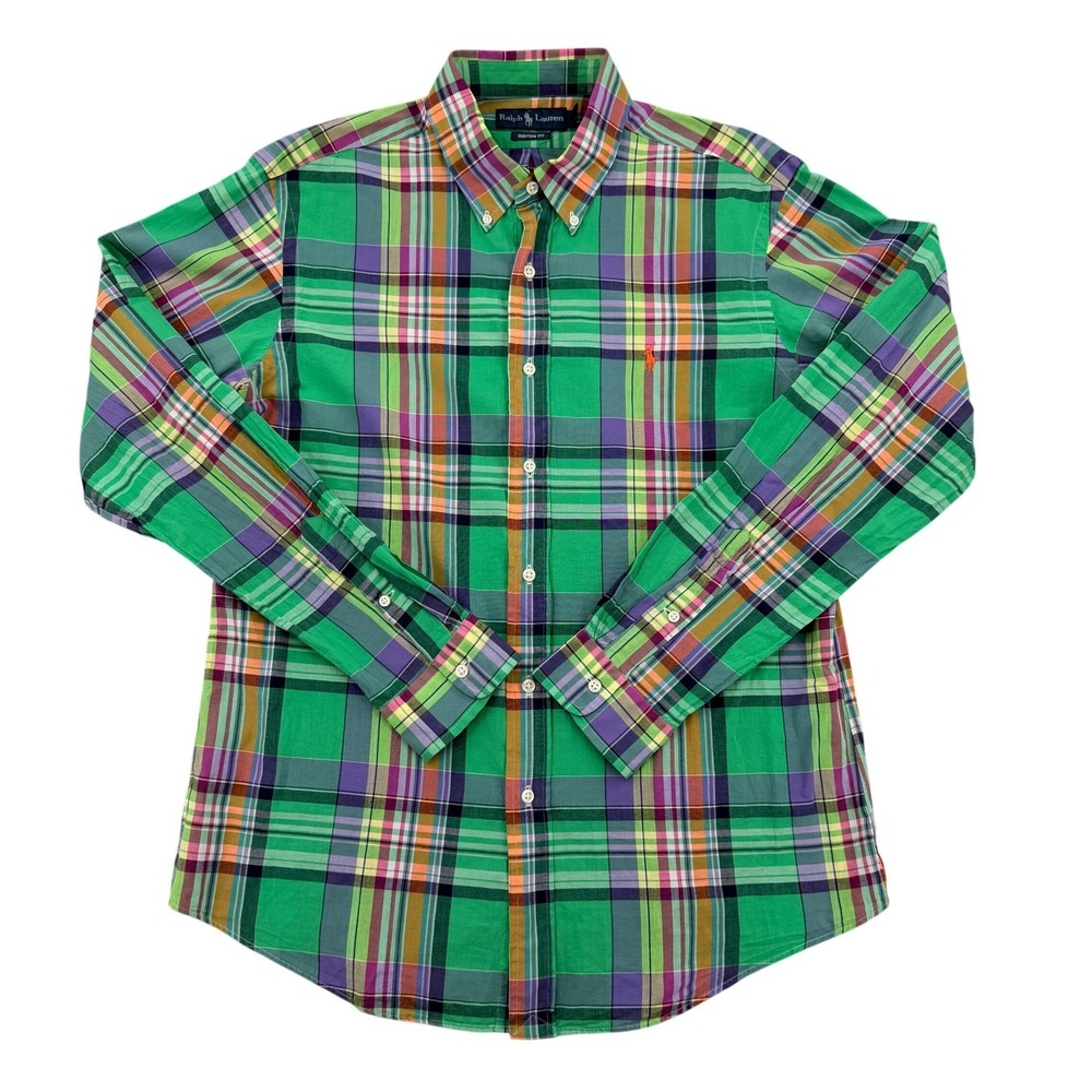 Ralph Lauren Men Large Custom Fit Plaid Button Down Shirt Green Purple Orange